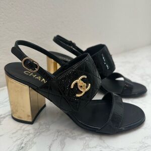 CHANEL Black Heels with Gold Block Heel